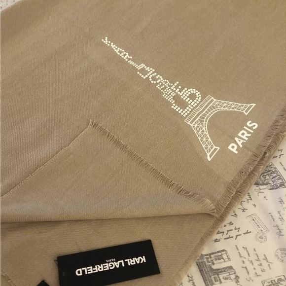 Karl Lagerfeld Paris Camel Rectangular Scarf Studded Logo & Eiffel Tower OS NWT - Picture 8 of 12